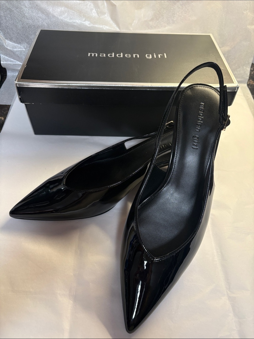 Madden Girl Black Patent Pointed Slingback Heels